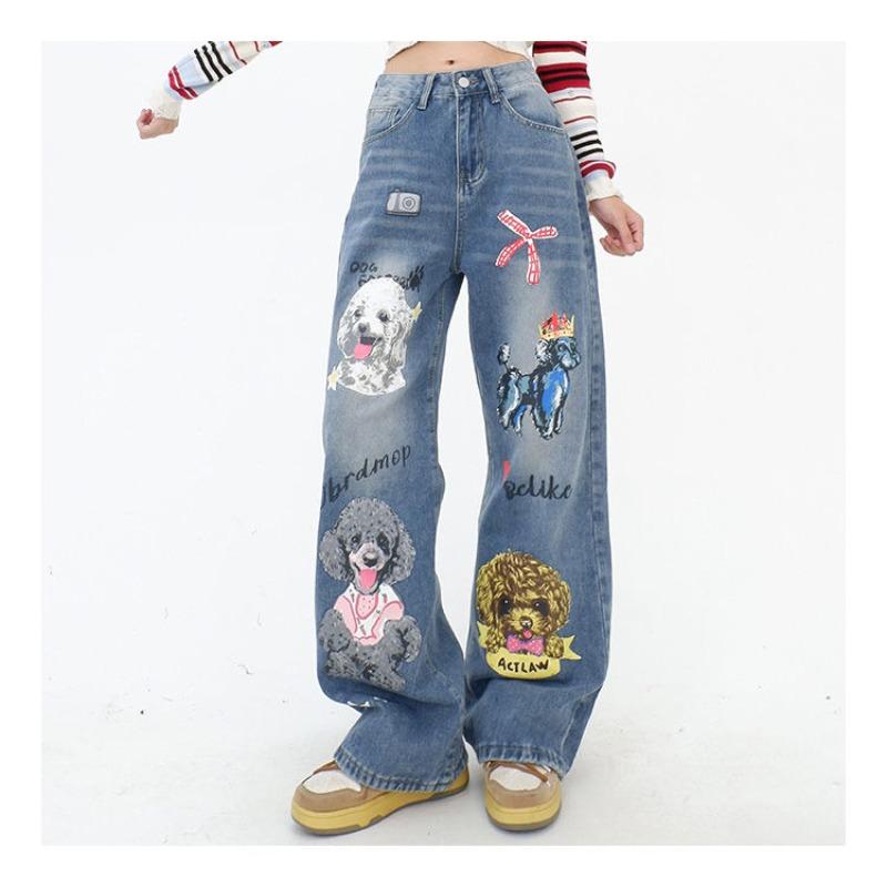 Синие джинсовые брюки с рисунком милой собаки и графическим принтом, свободные прямые джинсовые брюки y2k, уличная модная повседневная одежда