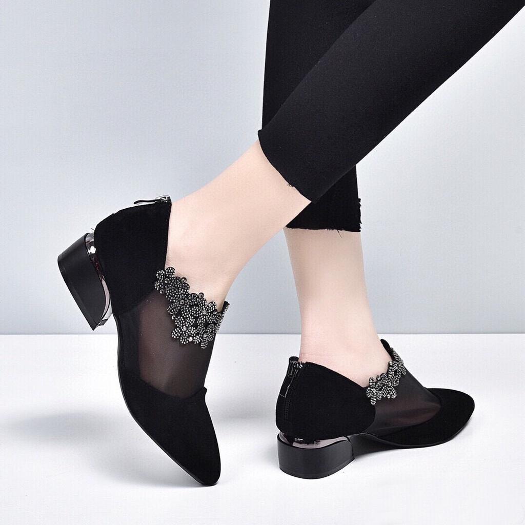Spring New Pointed Mesh Sheepskin Rhinestone Single Shoes Black Low Heel Rear Zipper Breathable Women's Shoes