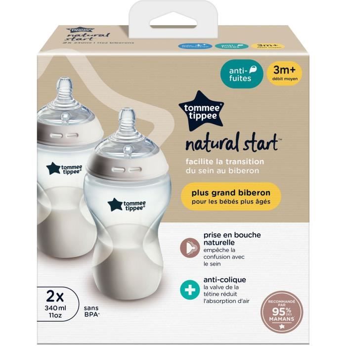 Biberons - TOMMEE TIPPEE - NATURAL START- 340 Ml - Anti-colique - Tétine Imitant La Forme Du Sein - Lot De 2