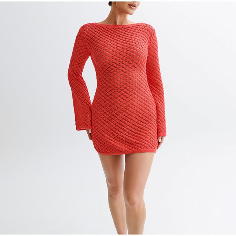 Женское трикотажное платье с длинным рукавом и открытой спиной, весна-лето 2025, пляжное бикини, туника, ажурный вязаный купальник, женский купальник