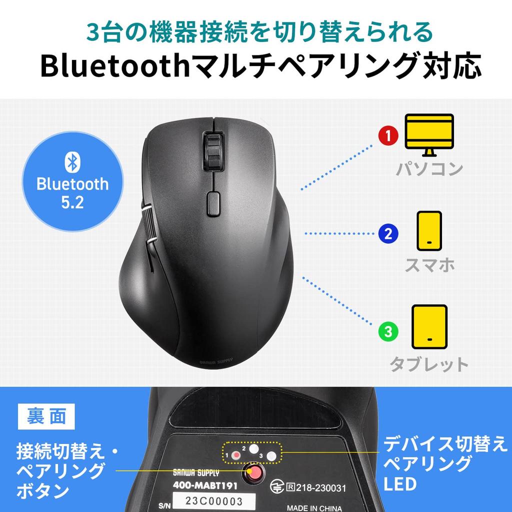 Sanwa Direct Bluetooth горизонтальный с совместимым с черной мышью, прокруткой, перезаряжаемый, тихий, с несколькими сопряжениями [оснащен кнопками «назад»/«вперед») iOS,