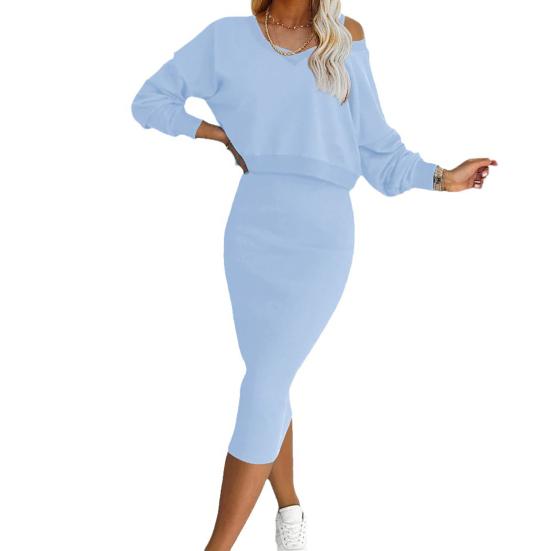 2 шт./комплект женский топ платье комплект V-образный вырез длинные рукава однотонный топ высокая талия облегающее платье миди повседневный толстовка платье для свиданий комплект