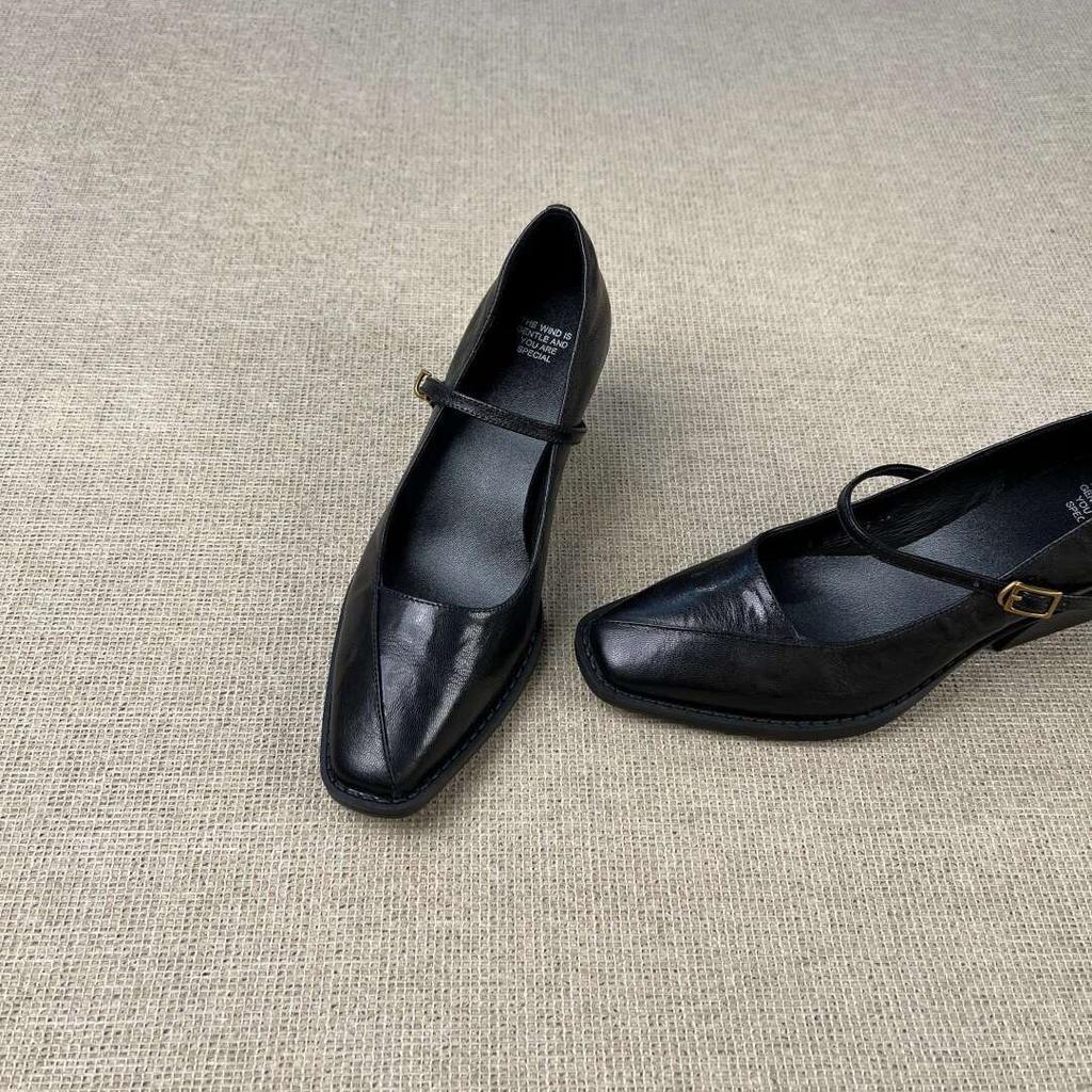 Black Mary Jane shoes women's leather square head 2026 spring thick heel commuting French word with light mouth single shoes
