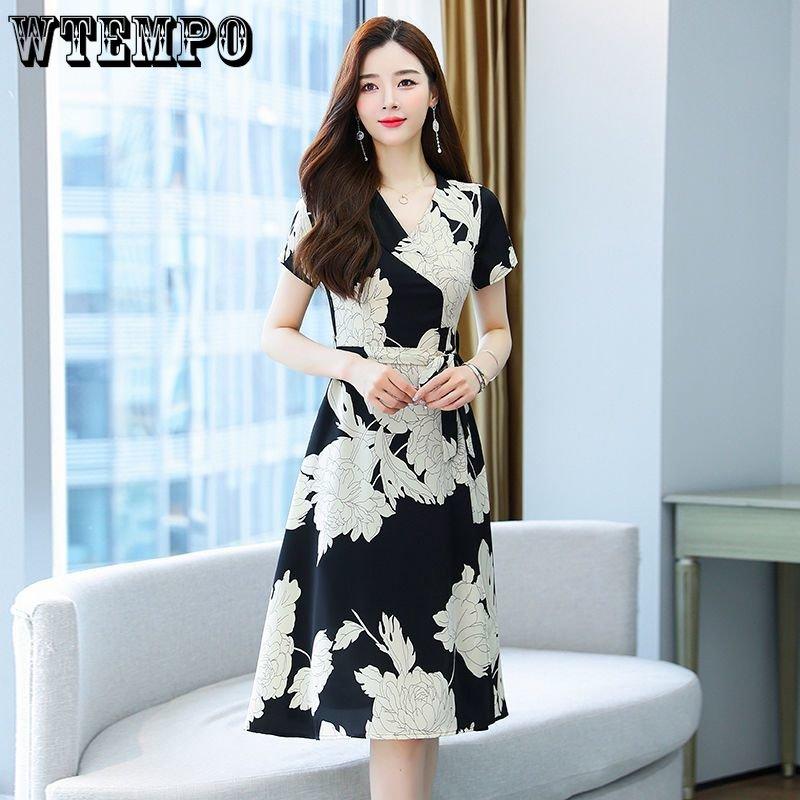 Женское элегантное платье из шифона со шнуровкой на талии, темпераментное платье средней длины с разрезом и цветочным принтом
