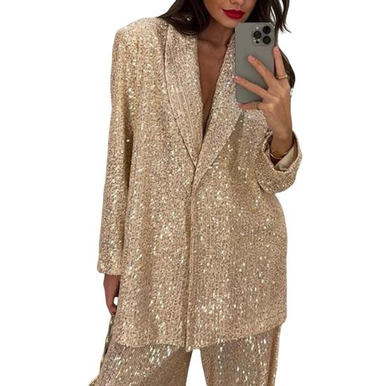 Женская рубашка с пайетками, брюки, лацкан, V-образный вырез, мешковатая, с длинным рукавом, средняя длина