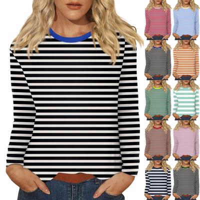Женский повседневный топ с круглым вырезом и длинными рукавами в полоску с принтом
