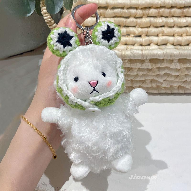 Charming Original Crochet Plush Sheep Keychain With Colorful Bow And Frog Eyes