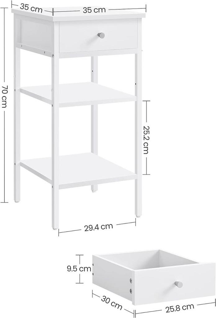 Bedside Table, End Table, High Bedside Table with Drawer and 2 Shelves for Storage, Space Saving, Industrial Table