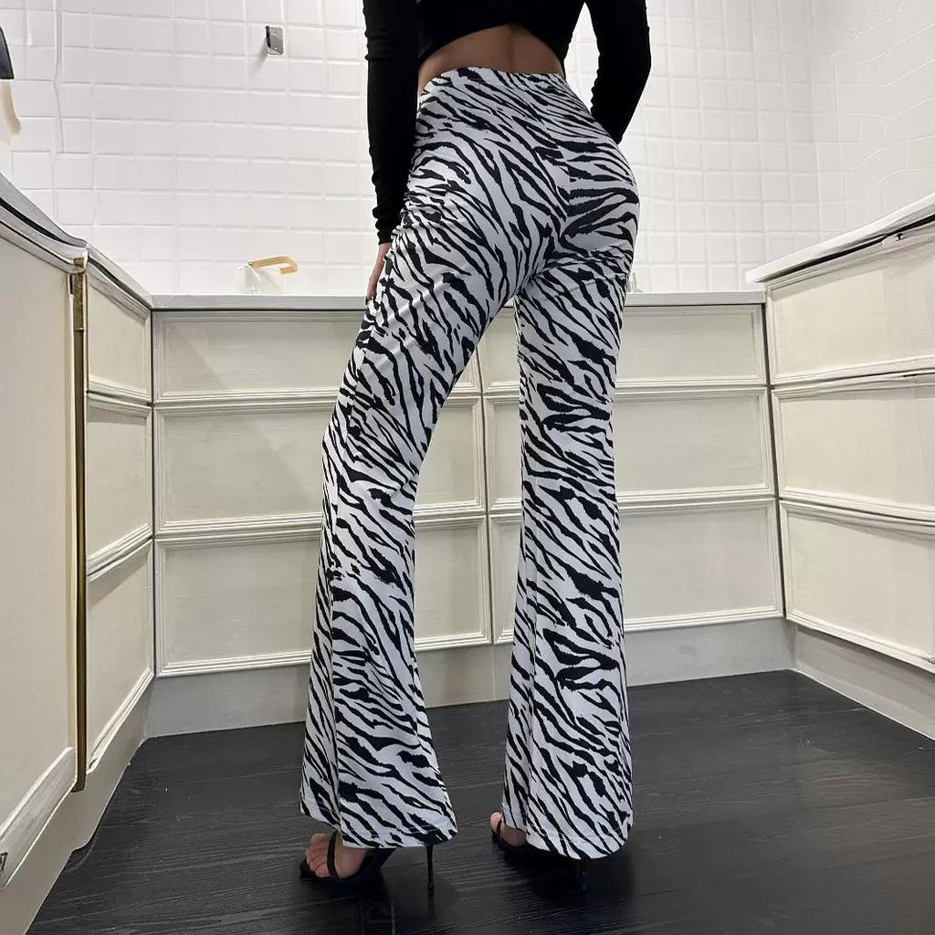 GMXIA Spring Summer Zebra Print Elastic Elastic Waist Micro Flare Pants Thin Sexy Slim Yoga Pants for Women