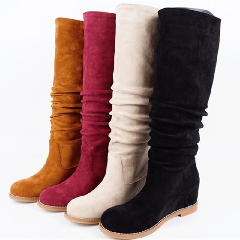 Suede Leather Women's High Boots Winter Shoes Pleated Hidden Heels Wedge Knee High Boots For Women Warm Fur Flats Boots Ladies