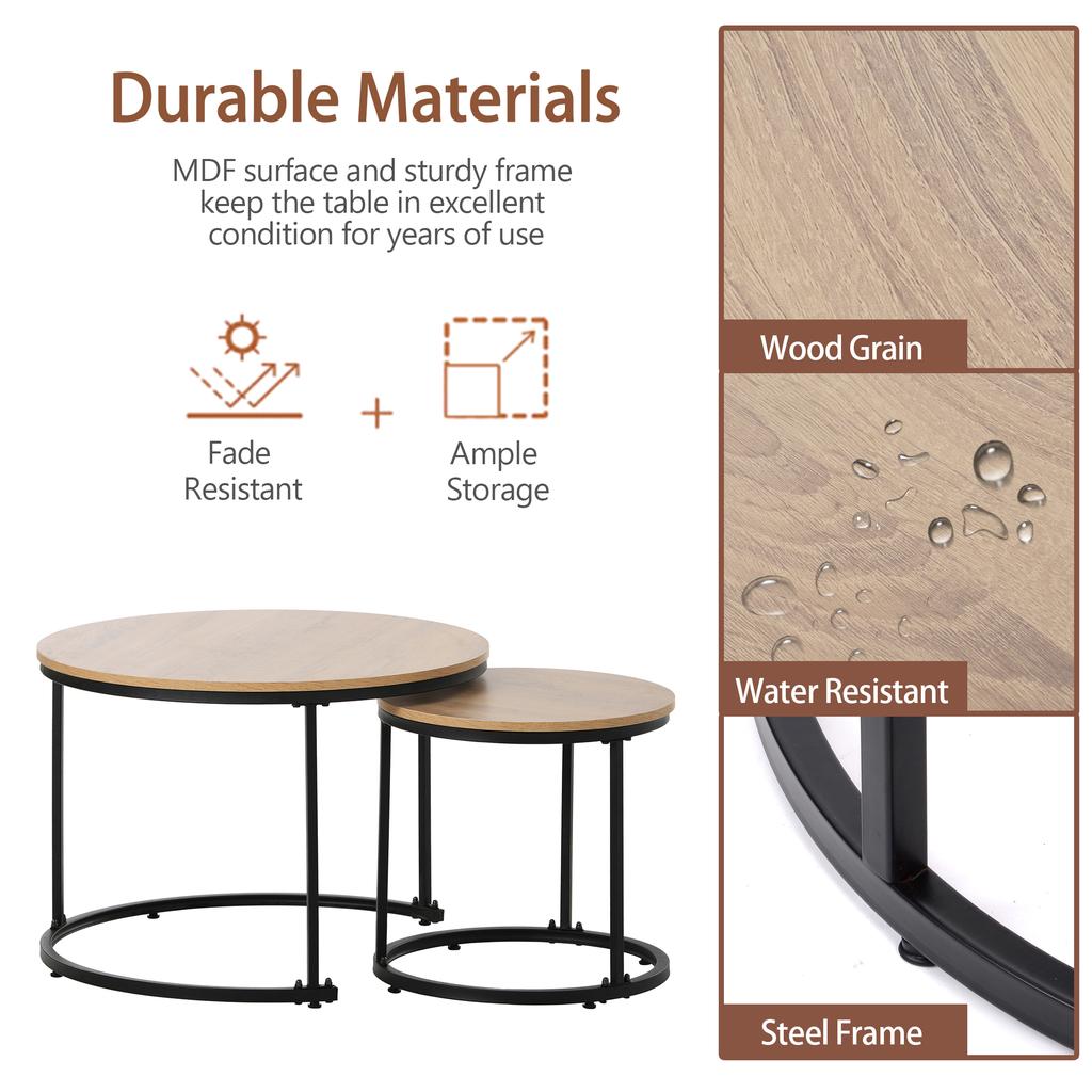Round Coffee Table 2-Piece Set Coffee Table Living Room Round Nesting Side Table 2 Round Side Table (Oak)