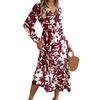 Lady Spring Fall Dress V Neck Floral Print Long Sleeves High Tight Waist A-line Flowy Ruffle