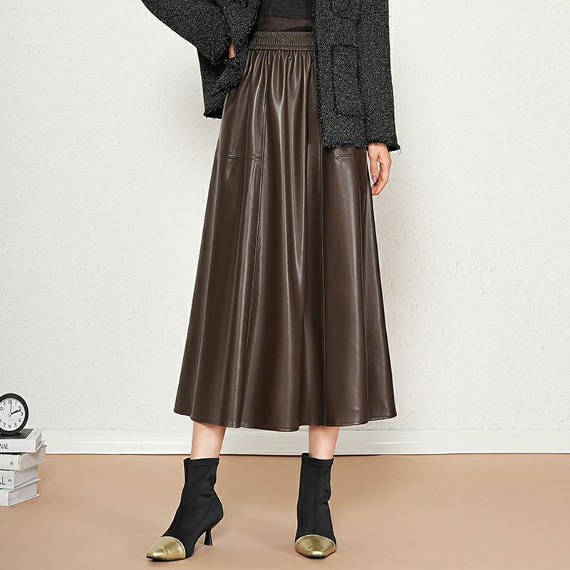 Brand Autumn/Winter Lambskin High-Waisted Pleated Skirt - Women's Street Style Fashion with Elastic Waist