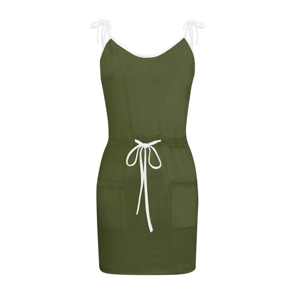 Women's Summer Solid Colour Loose Suspenders Pockets Patchwork Drawstring V-Neck Dresses