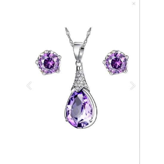 Серебряная капля воды с аметистовым камнем, ожерелье, серьги, серебристый комплект
