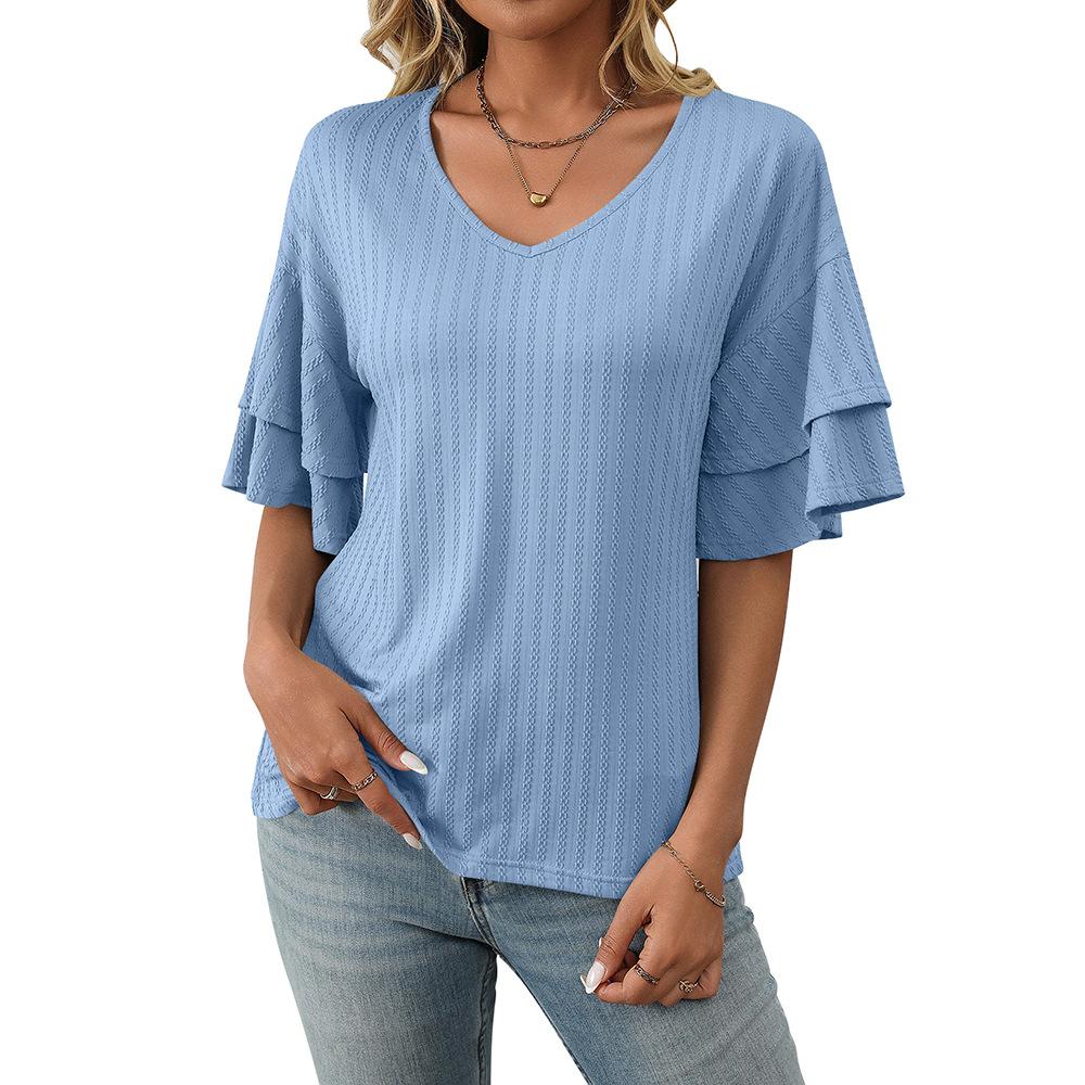 Women's 2025 V-Neck Ruffled Sleeve Short Sleeve T-Shirt, Solid Color Casual Summer Blouse with Flowy Hem for Daily & Vacation Outfits