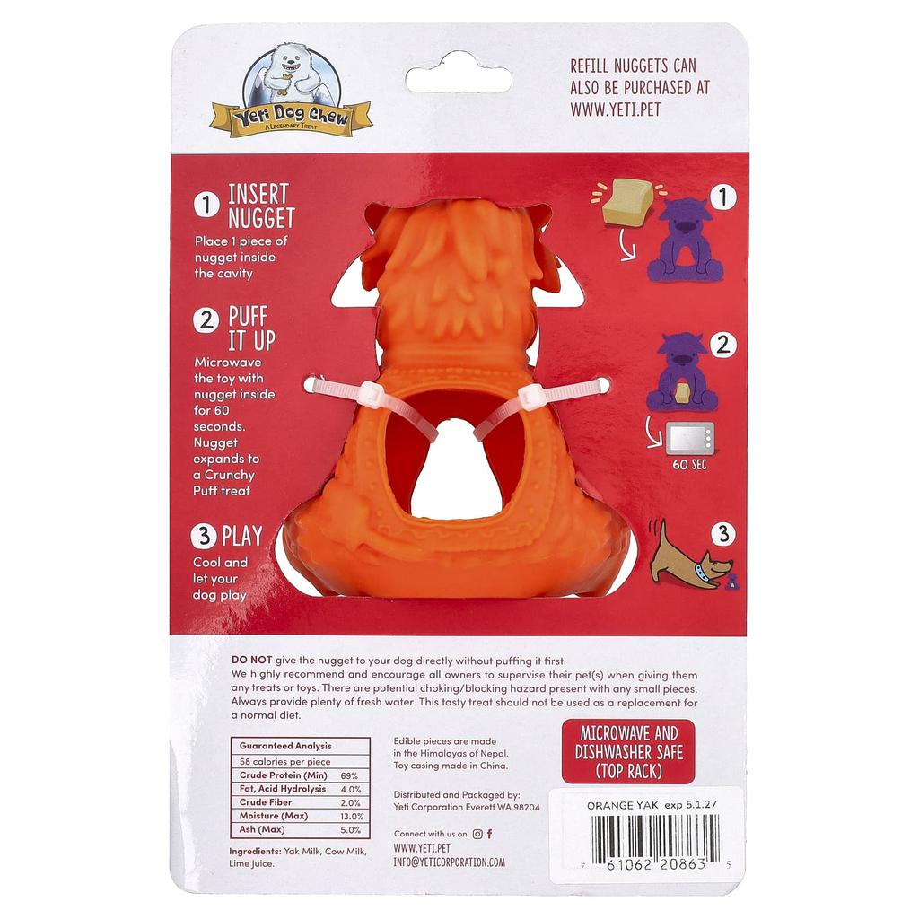 Yeti Dog Chew, Puff & Play, Диспенсер для лакомств, Наггетсы Yeti Dog Chew, Оранжевый, 4 наггетса, 1 диспенсер
