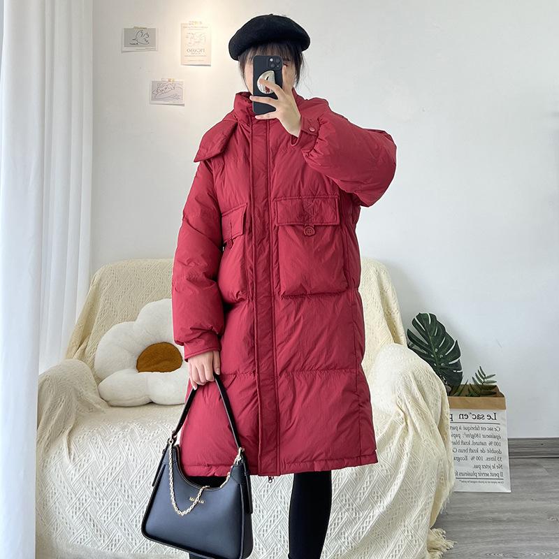 Женская куртка-пуховик средней и длинной длины 2024 года, зимняя, новая, утолщенная, свободная, модная, с капюшоном, до колена, белая, на утином пуху