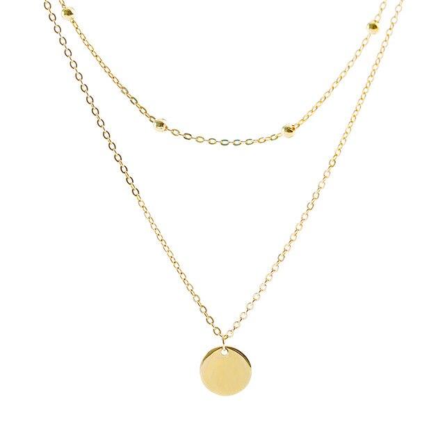 S925 Stamp Silver Color Double Layer Round Disc Pendant Necklace Gold Color Bead Chain Charm Necklace For Women Jewelry S -N574