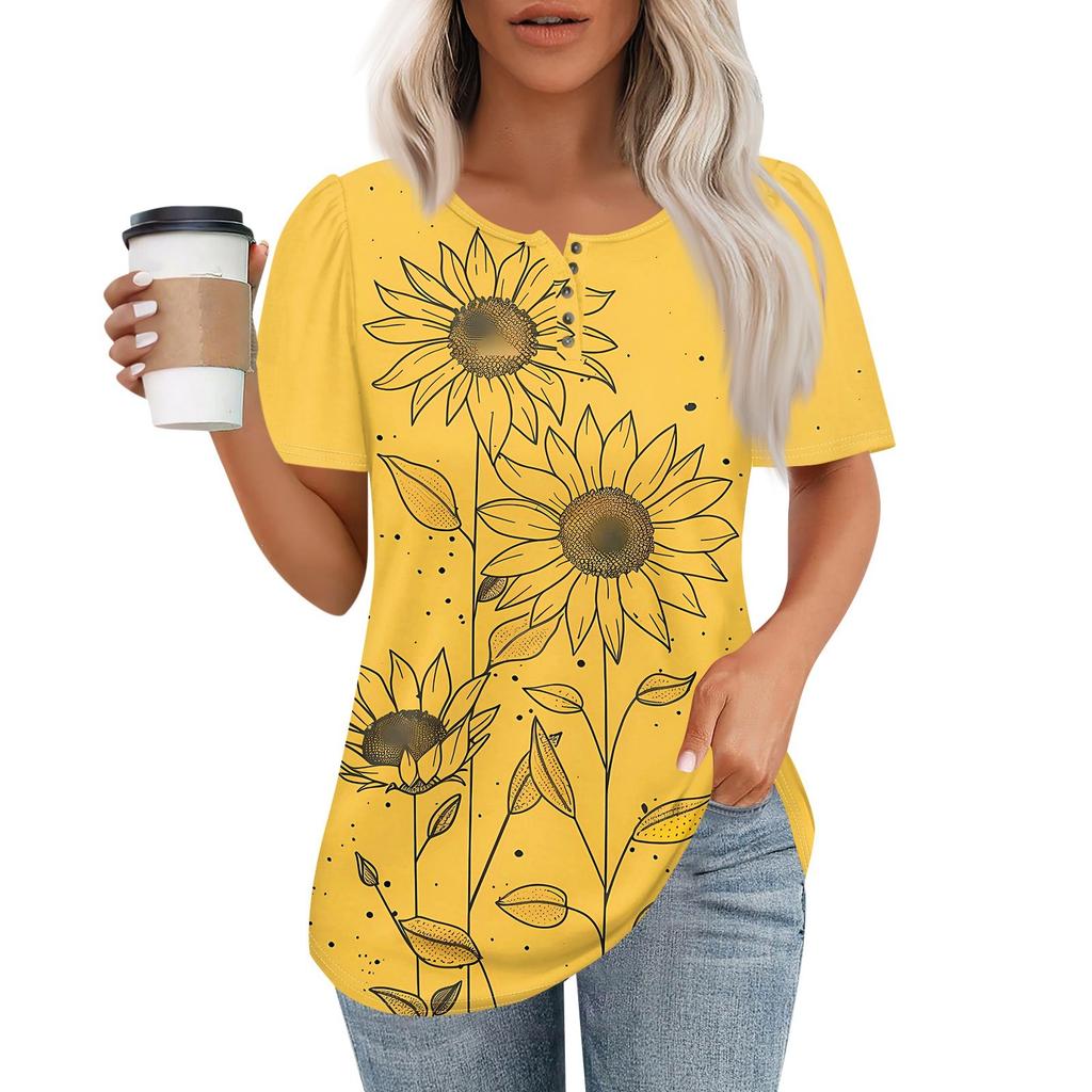 Женский модный повседневный короткий рукав пуловер с принтом на пуговицах и круглым вырезом