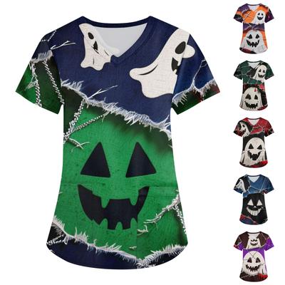 Женская рабочая униформа с принтом, V-образный вырез, карманы, базовый короткий рукав, пуловер, топ