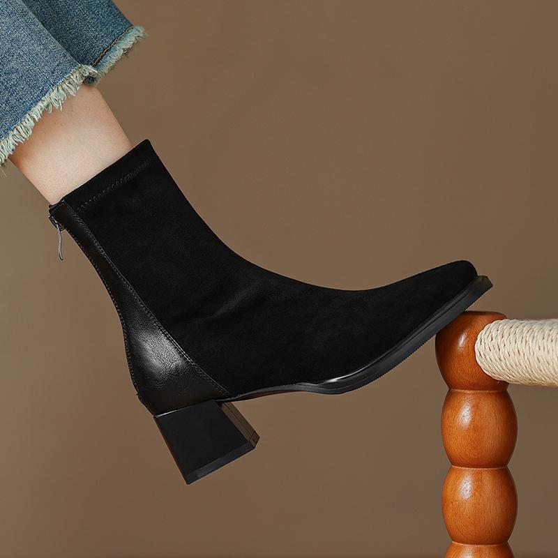 Krazing Pot Осенне-зимняя обувь из флока Ботинки Челси с квадратным носком, сохраняющие тепло, на молнии, эластичные ботильоны
