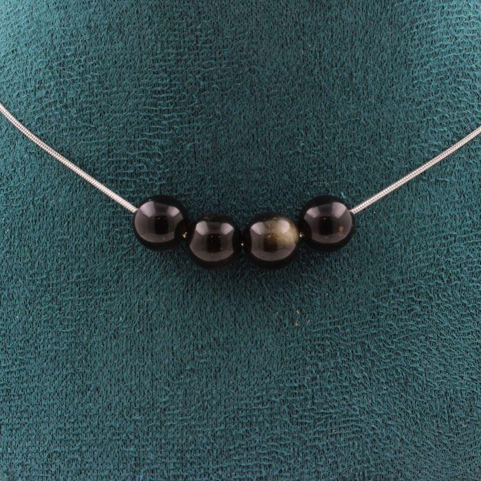 Stones and Minerals. Necklace 4 Golden Obsidian Beads 8 Mm. Stainless Steel Chain Necklace Women Men. Custom Size