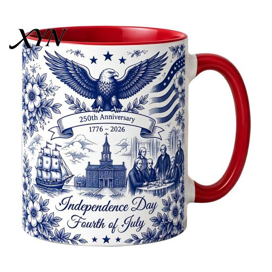 Independence Day Cup USA 250th Anniversary Blue Mug, Patriotic Ceramic Coffee with Heritage Eagle Flag Design, Gift for Veterans Men Women Durable