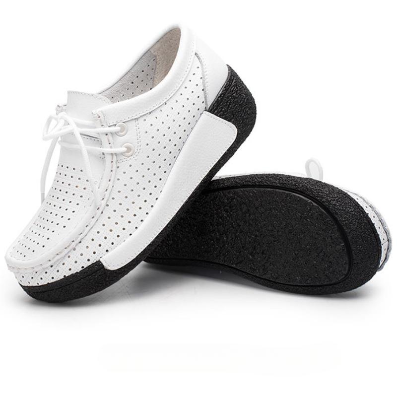 Genuine Leather Women Walking Shoes 5cm High Wedges Heels Shoes Lace-up Platform Shoes Loafers Mother Shoes