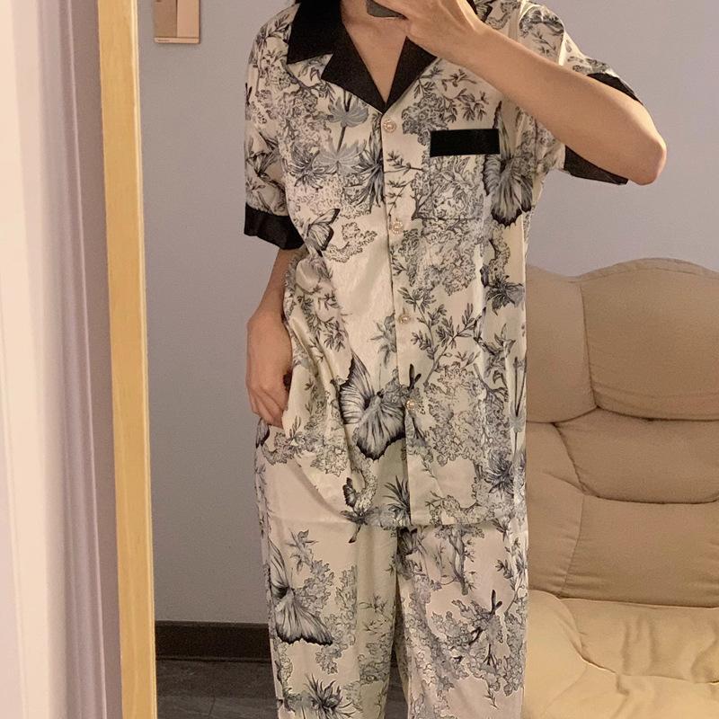 Pajamas Women'S Spring And Summer Cardigan Short-Sleeved Trousers Two-Piece Set New Chinese Style Ink Painting Loungewear