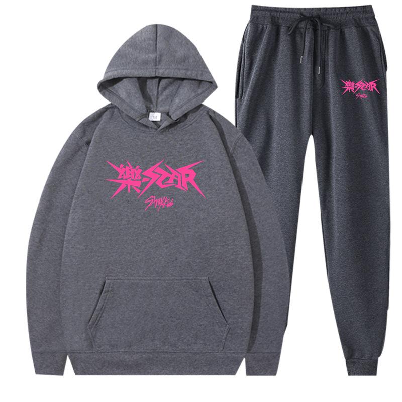 New straykids peripheral Harajuku printed men's and women's sweatshirts sweatpants set hoodie straight pants cover