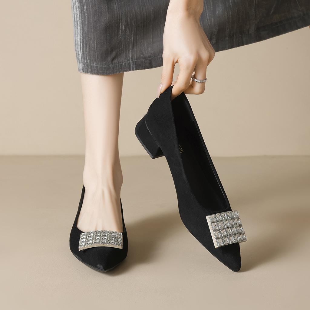 Black Commuting Shallow Mouth Spring Pointed Single Shoes Women's Thick Heel Temperament Rhinestone High Heels