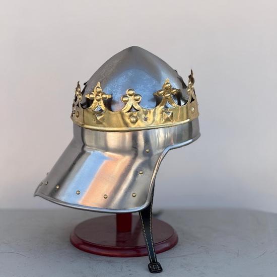 Handmade Steel King Helmet with Brass Crown, Display Stand Included