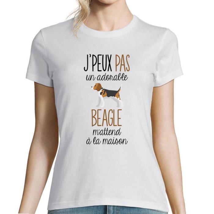 T-shirt Femme - Beagle - Col rond - Manches courtes - Coton blanc - Humour