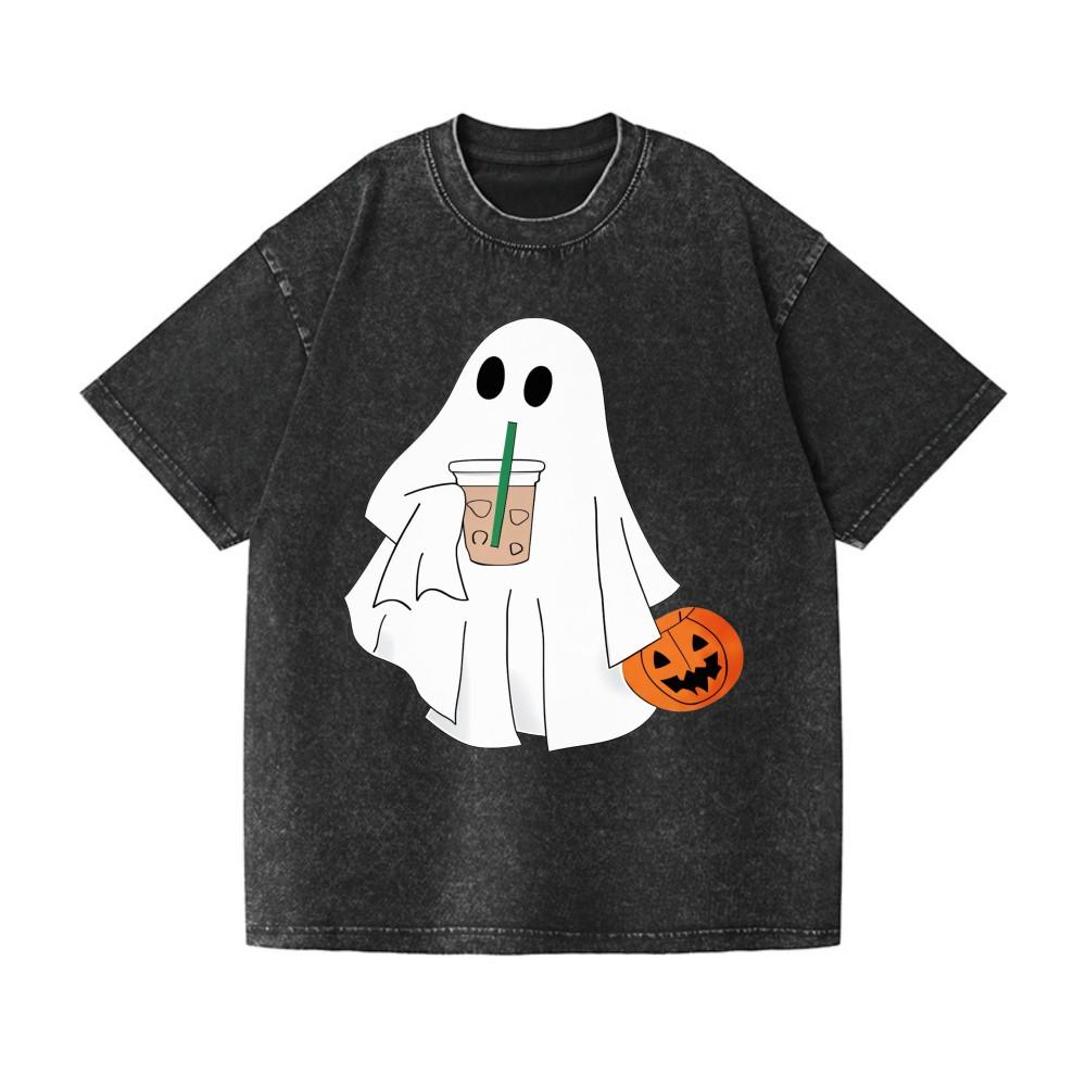 Ghost Drinking Coffee Washed Cotton T-Shirt Unisex Halloween Pumpkin Graphic Tee