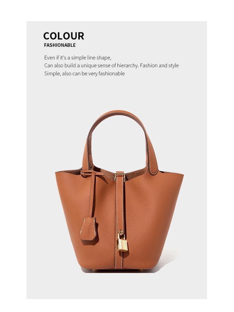 Women's Genuine Leather Bucket Bag - Top Layer Cowhide, Versatile Vegetable Basket Handbag