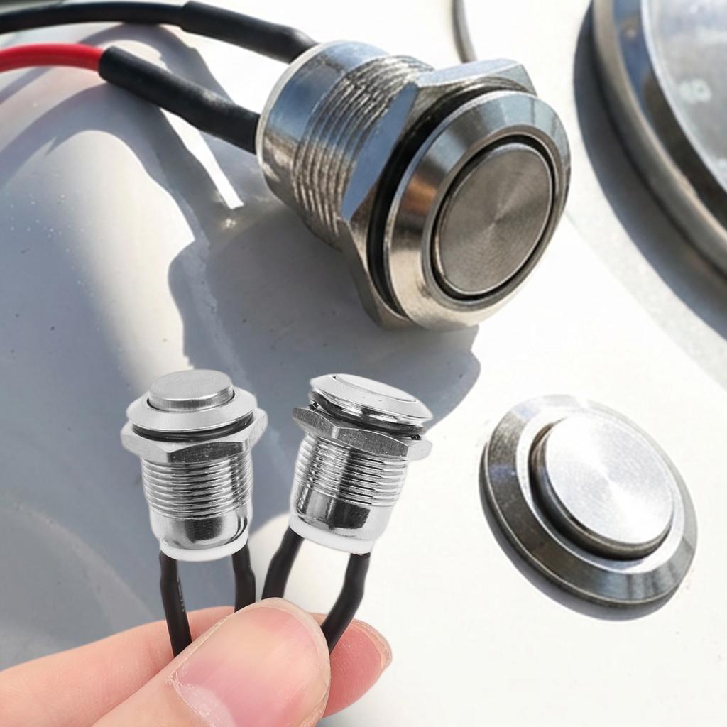 Small Round Chrome-Plated Stainless Steel Metal 2-Pin N/O Flat Tall Pushbutton Switch 12V Waterproof Power Pushbutton Pushbutton Switches 3