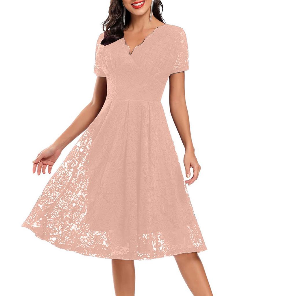Ladies Solid Color V-neck Mid-length Lace Swing Dress