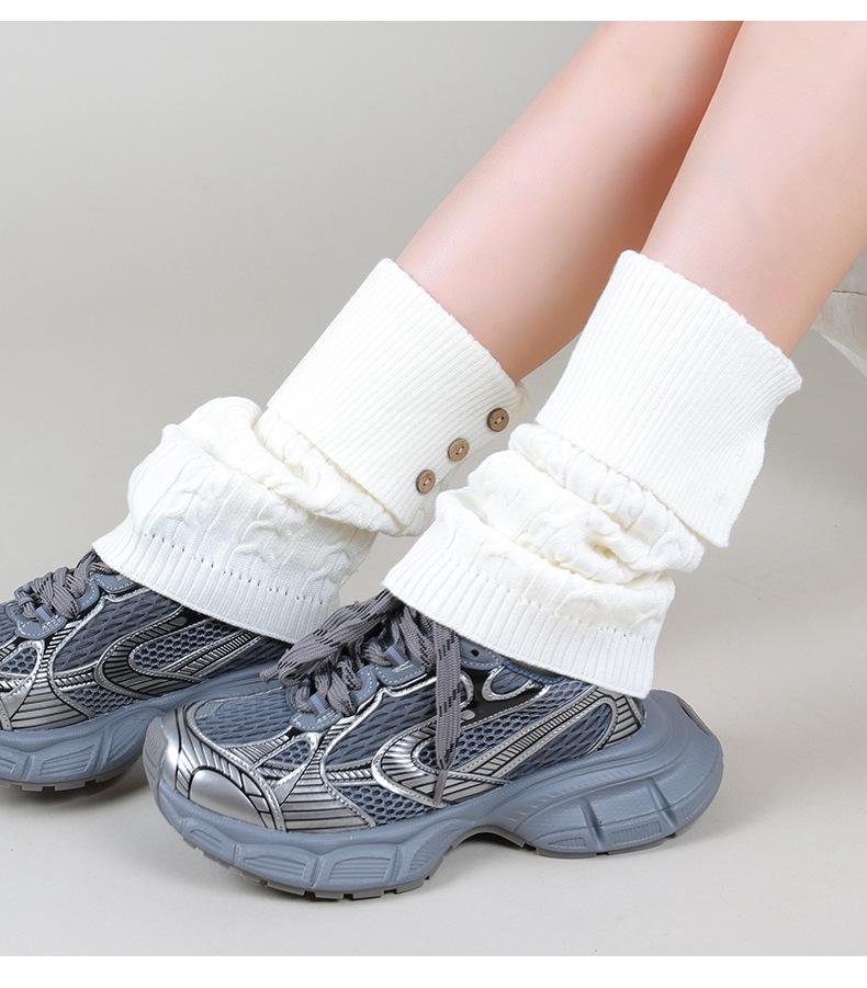 Autumn-Winter Merard Cable Knit Button Leg Warmers - Scrunched Mid-Calf, Thick, Warm, Japanese Retro Style.