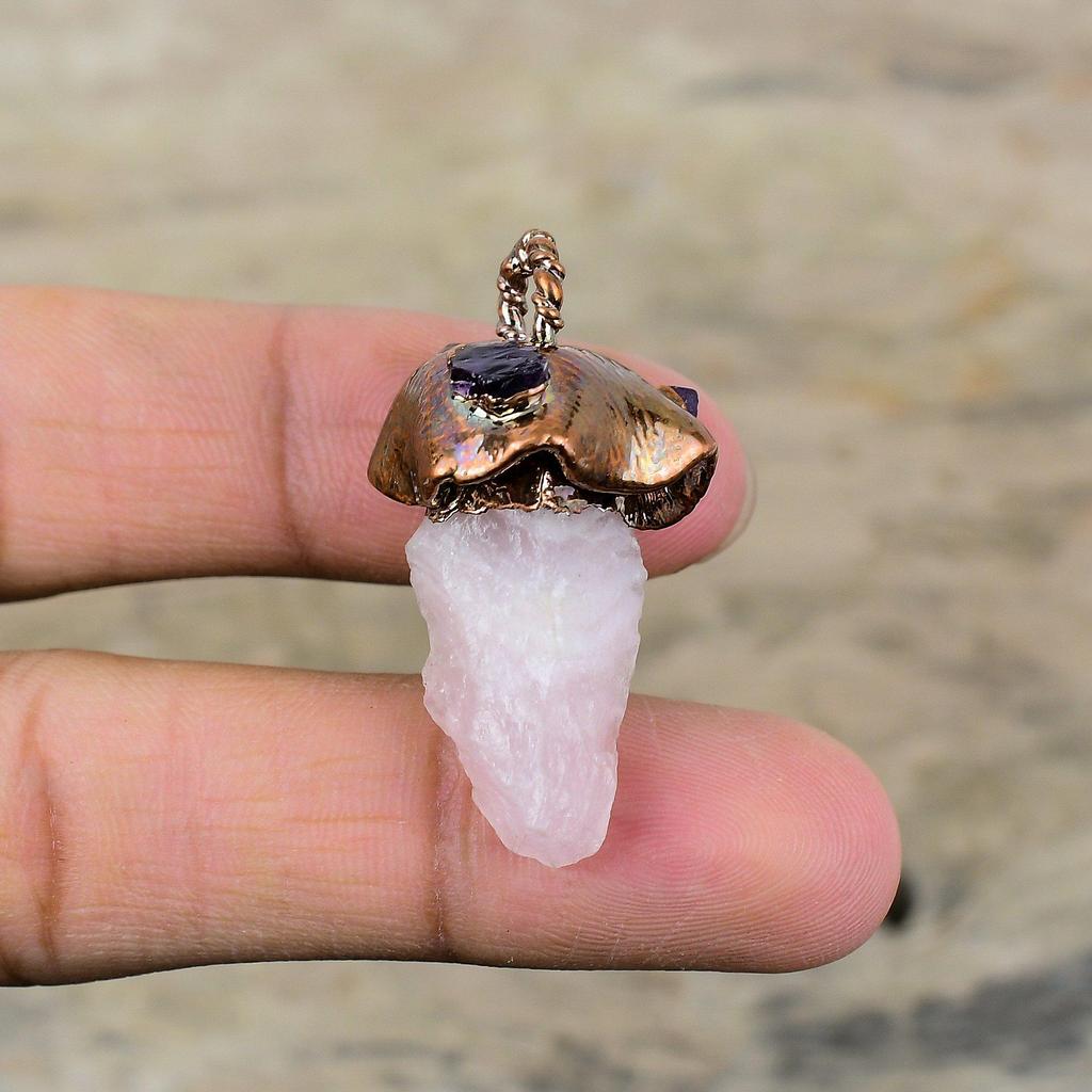 Rose Quartz Rough Pendant Electroformed Copper Pendant African Amethyst Rough Gemstone Pendant Electroformed Copper Jewelry Engagement Gift