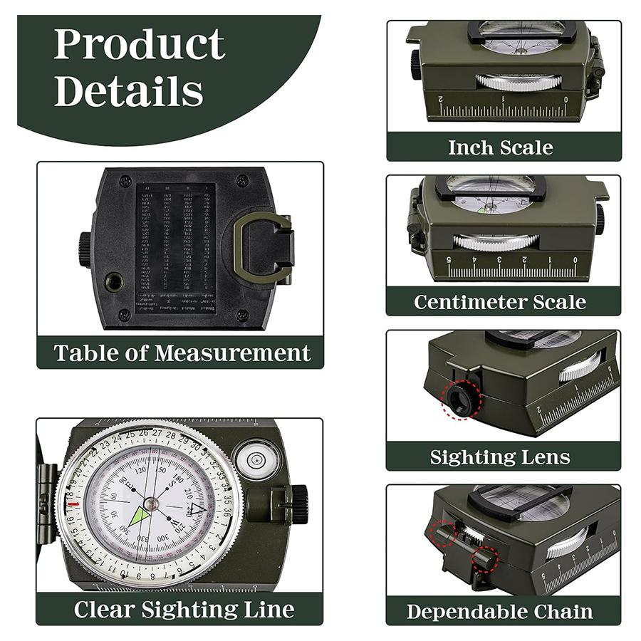 Waterproof Shockproof Compass With Sighting Function Carabiner And Storage Pouch For Hiking Camping Outdoor Navigation Survival