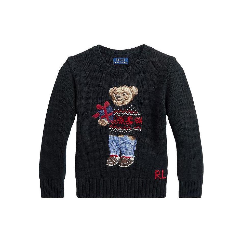 Свитер Polo Ralph Lauren с принтом узоров с мишками, круглым вырезом, длинным рукавом, детский топ, черный, 323920665-001