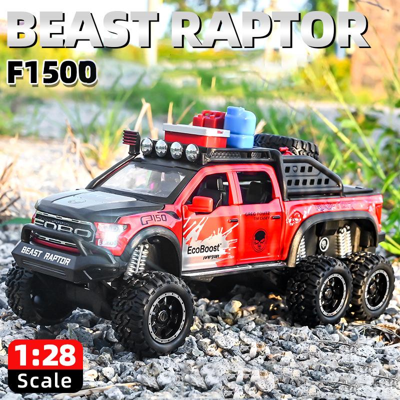 1/28 Scale Ford Raptor F150 6X6 Pickup Truck Diecast Car Model Toy, Pull Back Toy Vehicle with Sound and Light for Kids Toddler Gift Collection