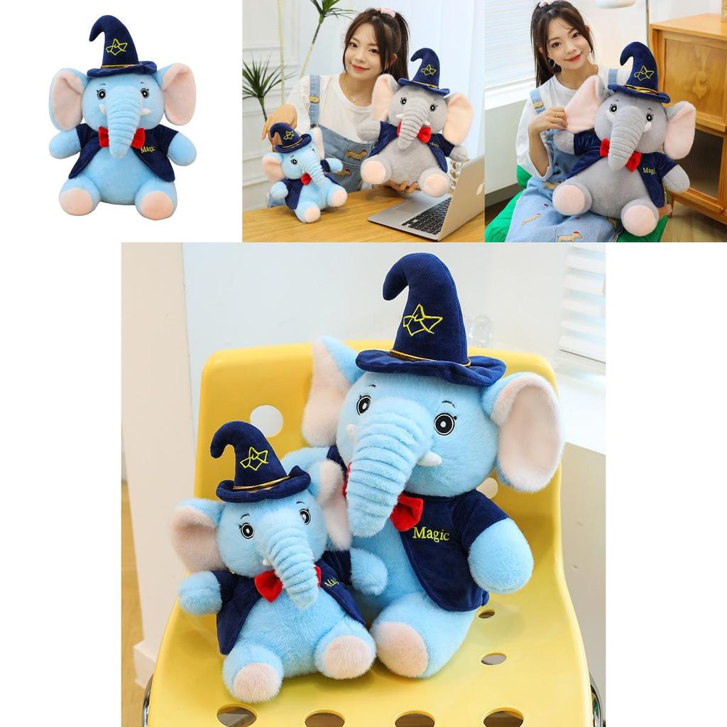 Plush Elephant Toy For Kids Soft Cartoon Sleeper Pillow With Wizard Hat And Bow Decor