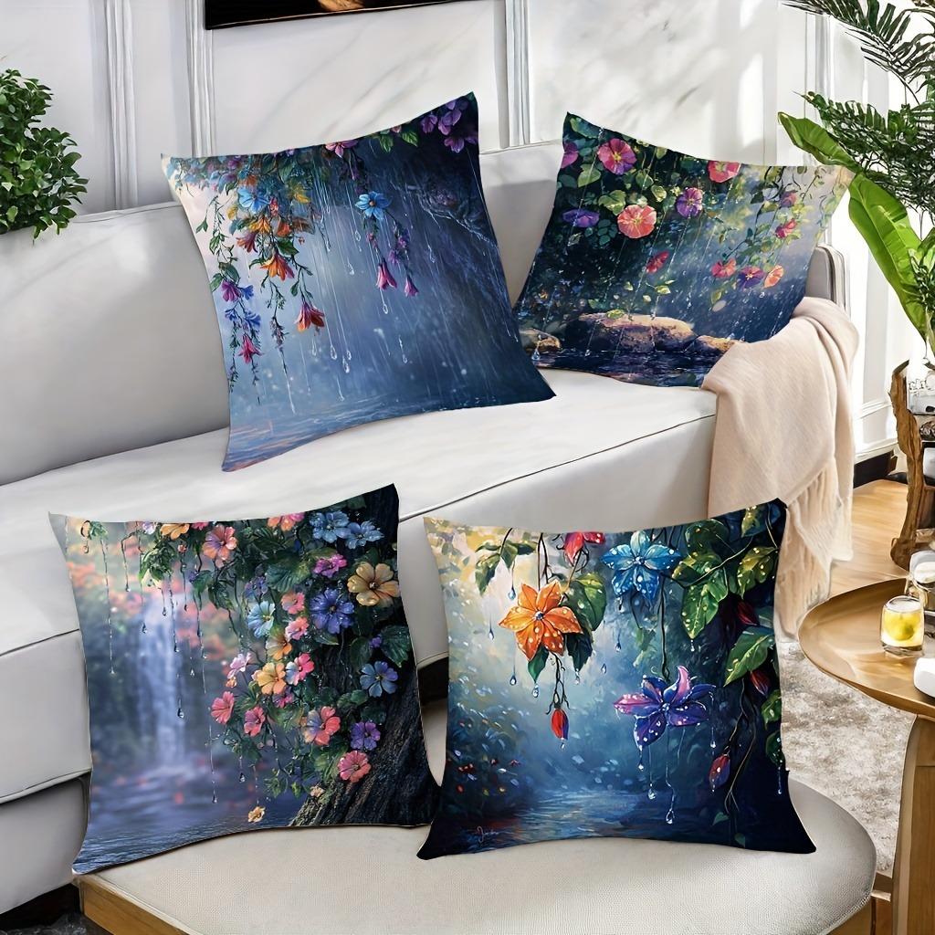 Enchanted Rainforest Floral Pillowcase: Lush Waterfall & Flower Pattern Cushion Cover For Magical Sofa Bedroom Home Decor