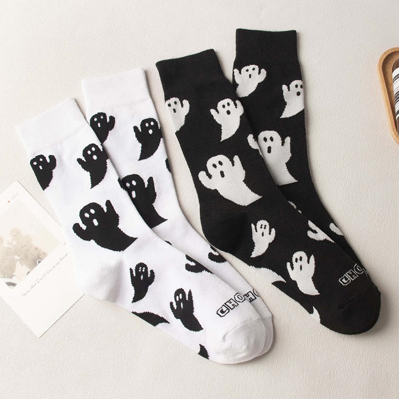 1Pair Halloween Middle Tube Socks Cute Cartoon Ghost Socks Unisex Autumn Winter Warm Socks Couple Gifts