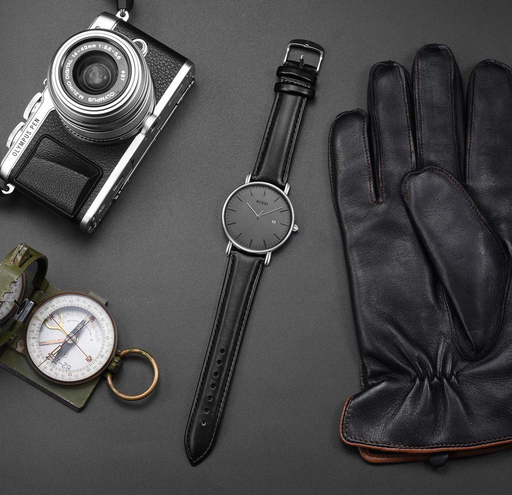 BUREI Men's Slim Watch, Popular and Stylish, Date Display, Large Dial, Analog Quartz Movement, Simple Design, Waterproof, Black Leather, Imported