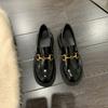 New British Style Retro Horsebit Buckle Round Toe Thick Heel Thick Bottom Slip-on Small Leather Shoes Women's Loafers