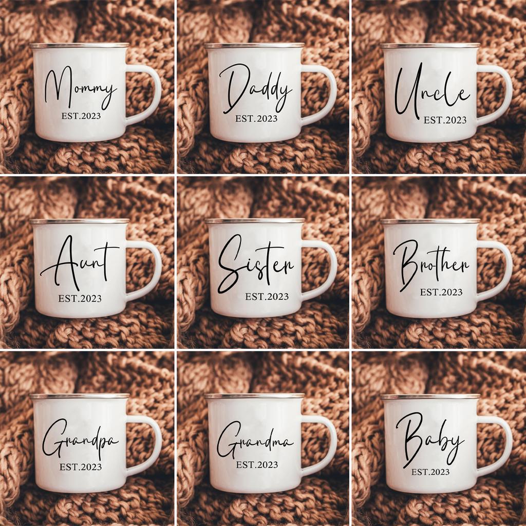 Mom Dad Est 2024 Enamel Mugs Family Matching Party Beer Drink Juice Coffee Cups Personalized Parents Mug Baby Announcement Gifts