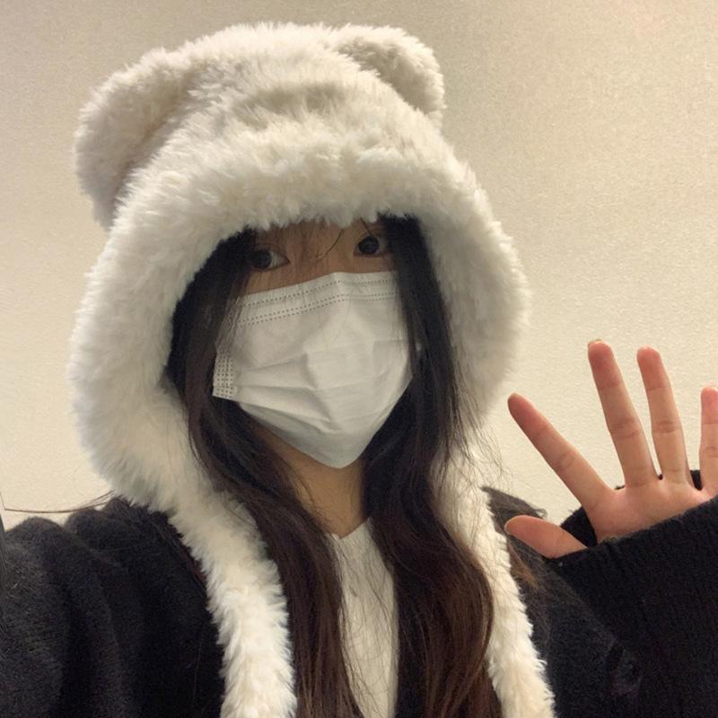 Женская шапка осень/зима 2024 года с милыми медвежьими ушками и мохнатой шеей, большая окружность головы, теплая шерстяная плюшевая шапка Lei Feng